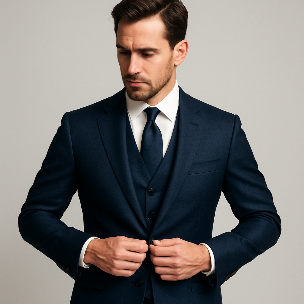 Man in navy three-piece suit