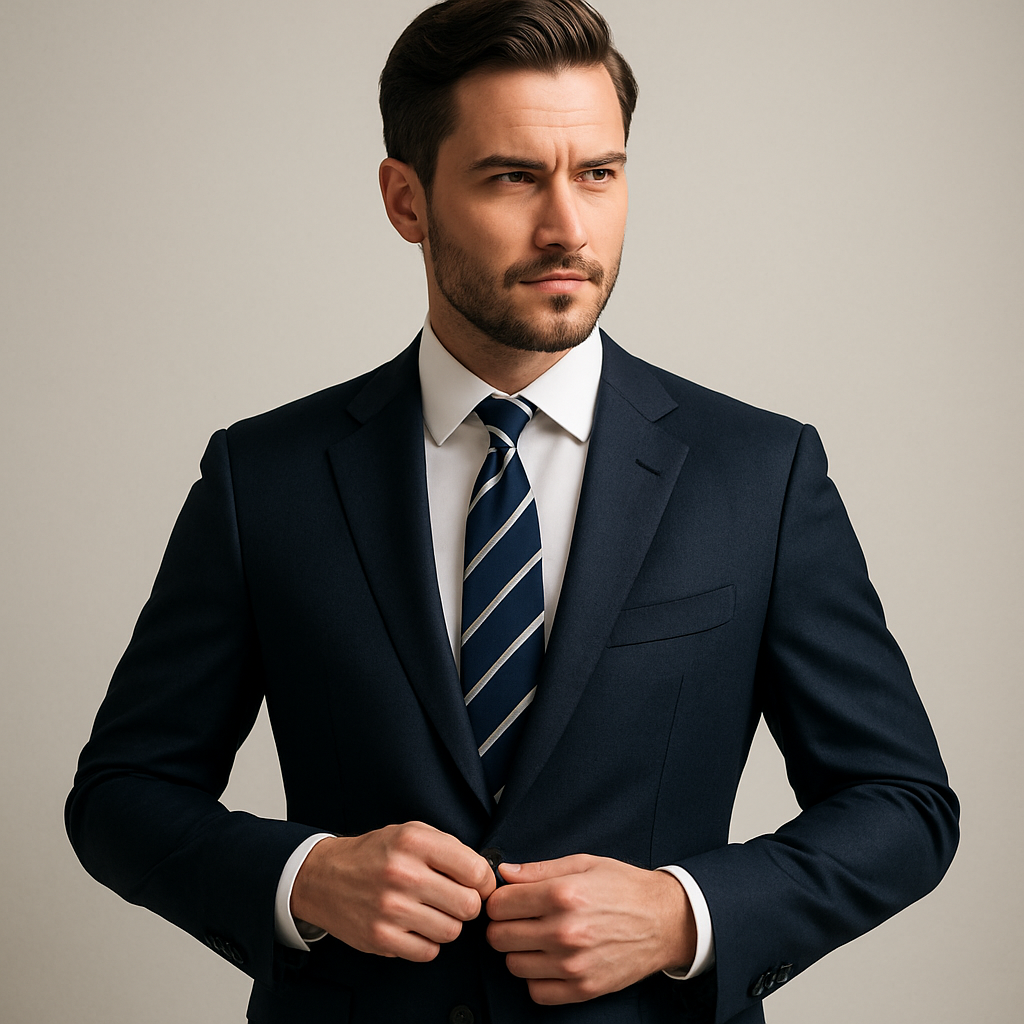Man in elegant dark navy suit with striped tie